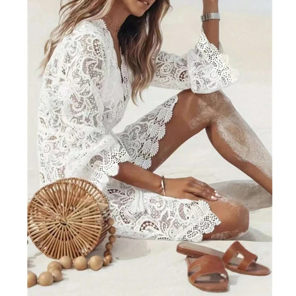 Boho Sheer Stretchy Waist Beach Swim Cover up - Picture 8 of 10